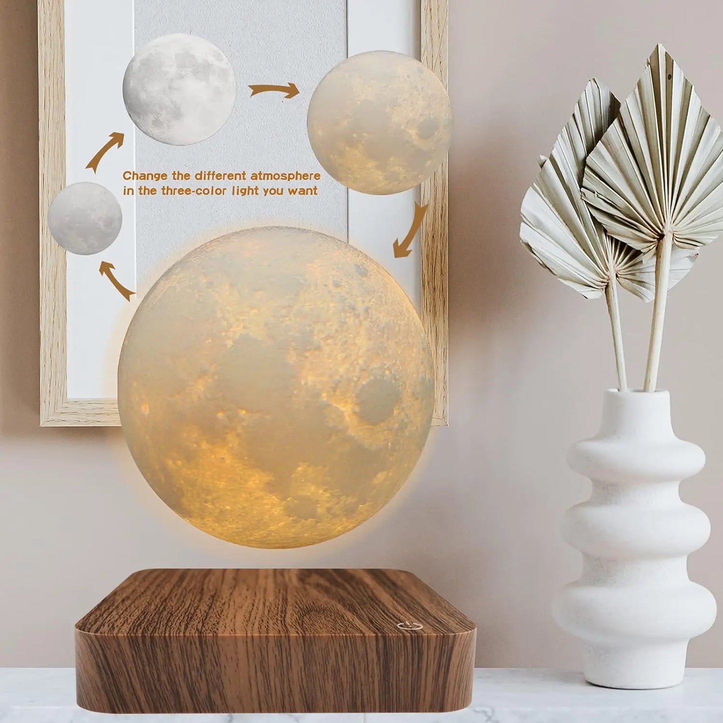 Magnetic Floating Moon Lamp With Wooden Base 3 Color Temperature LED Night Light