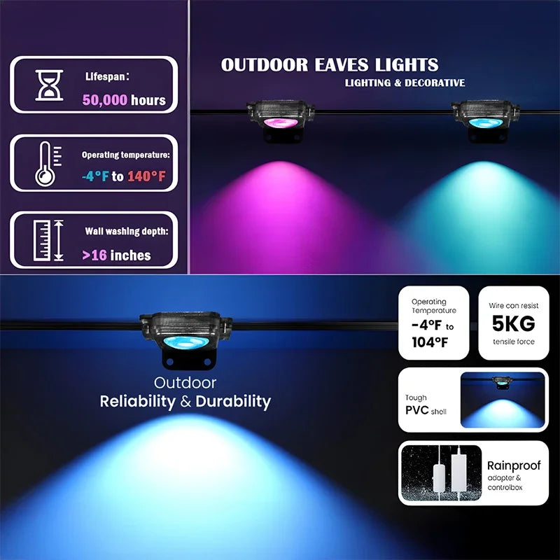 Turn your outdoor spaces into a vibrant, weatherproof canvas with effortless smart RGB lighting.