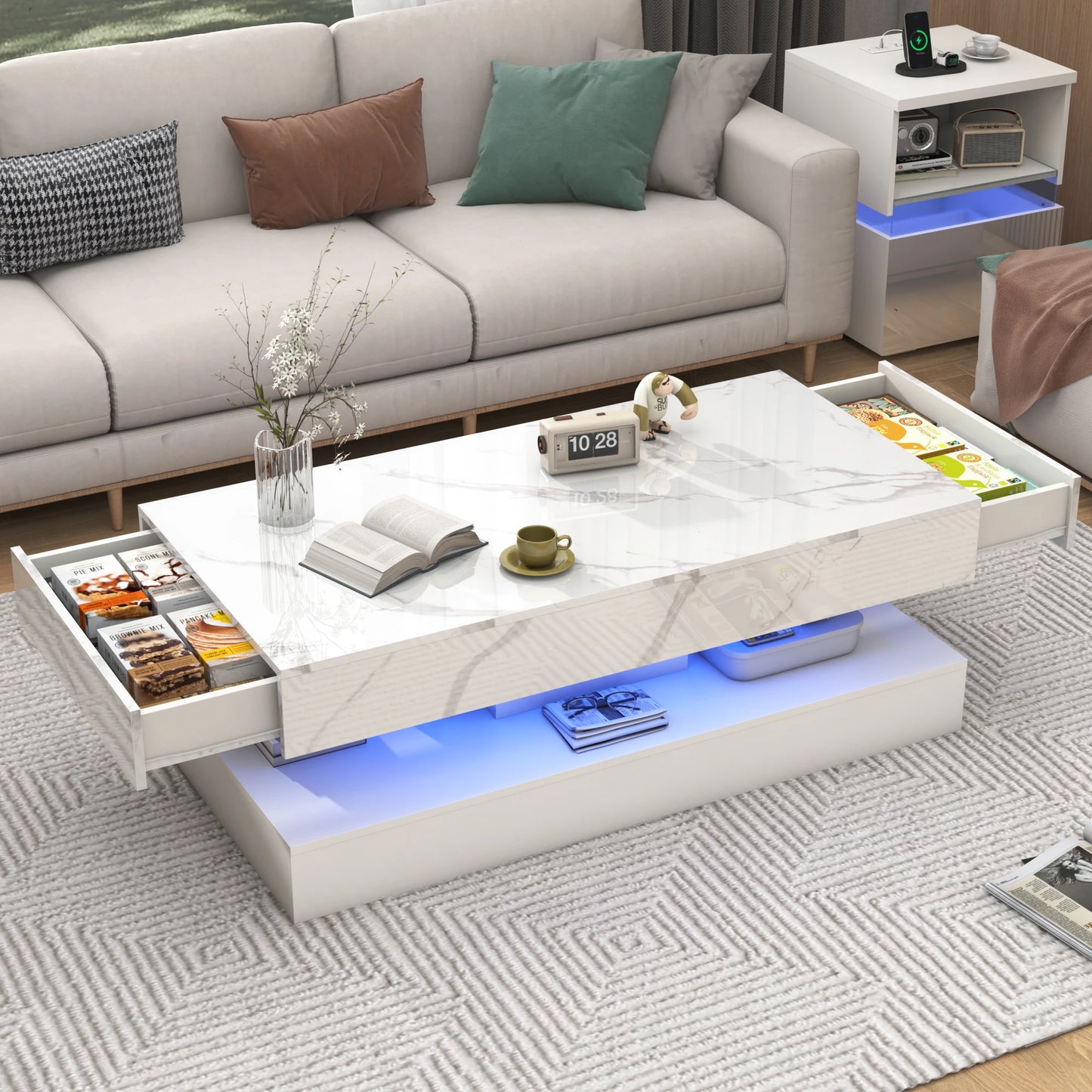 Modern LED Coffee Table With 2 Storage Drawers And Double Layer Design