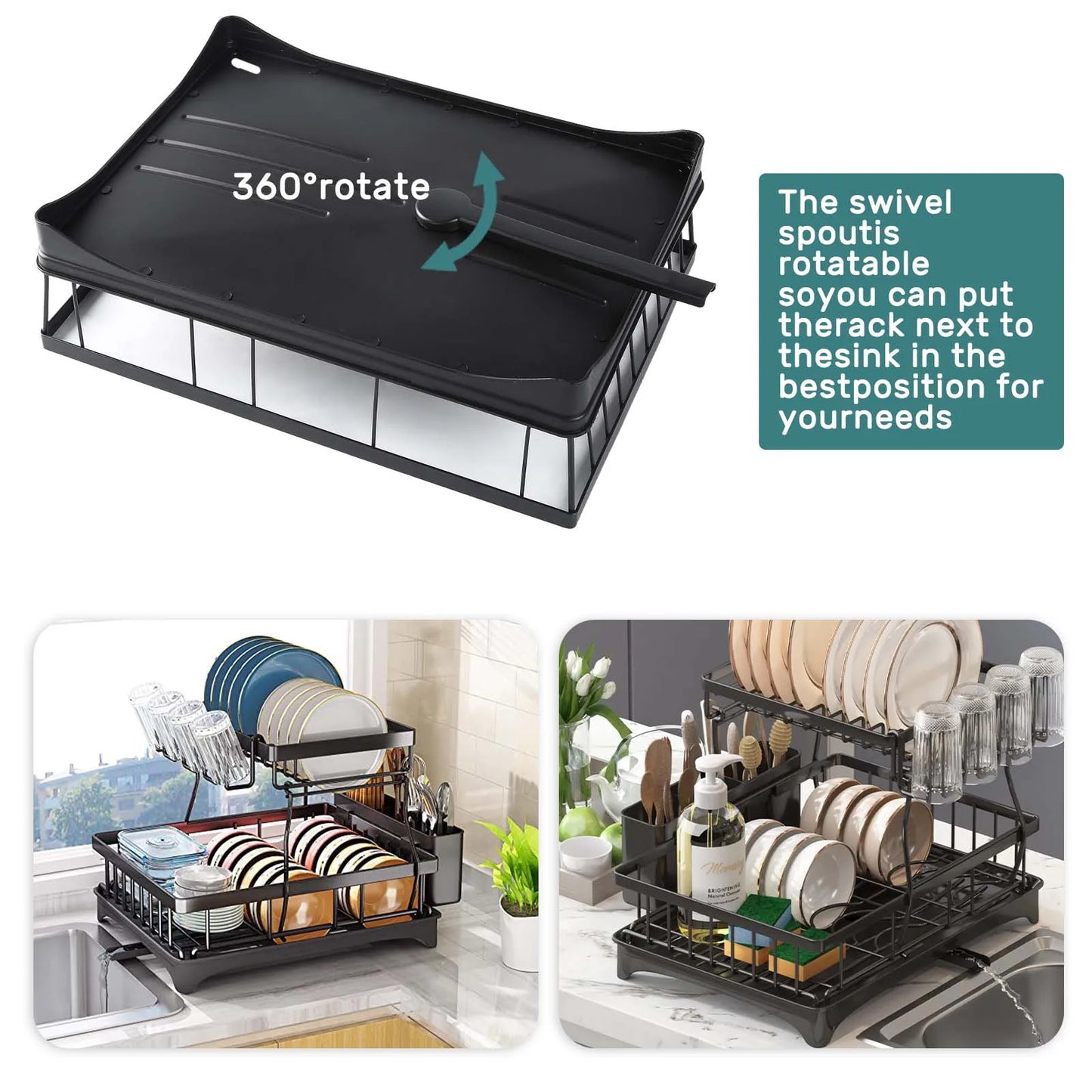 Large 2 Tier Dish Drying Rack For Countertops Removable Metal