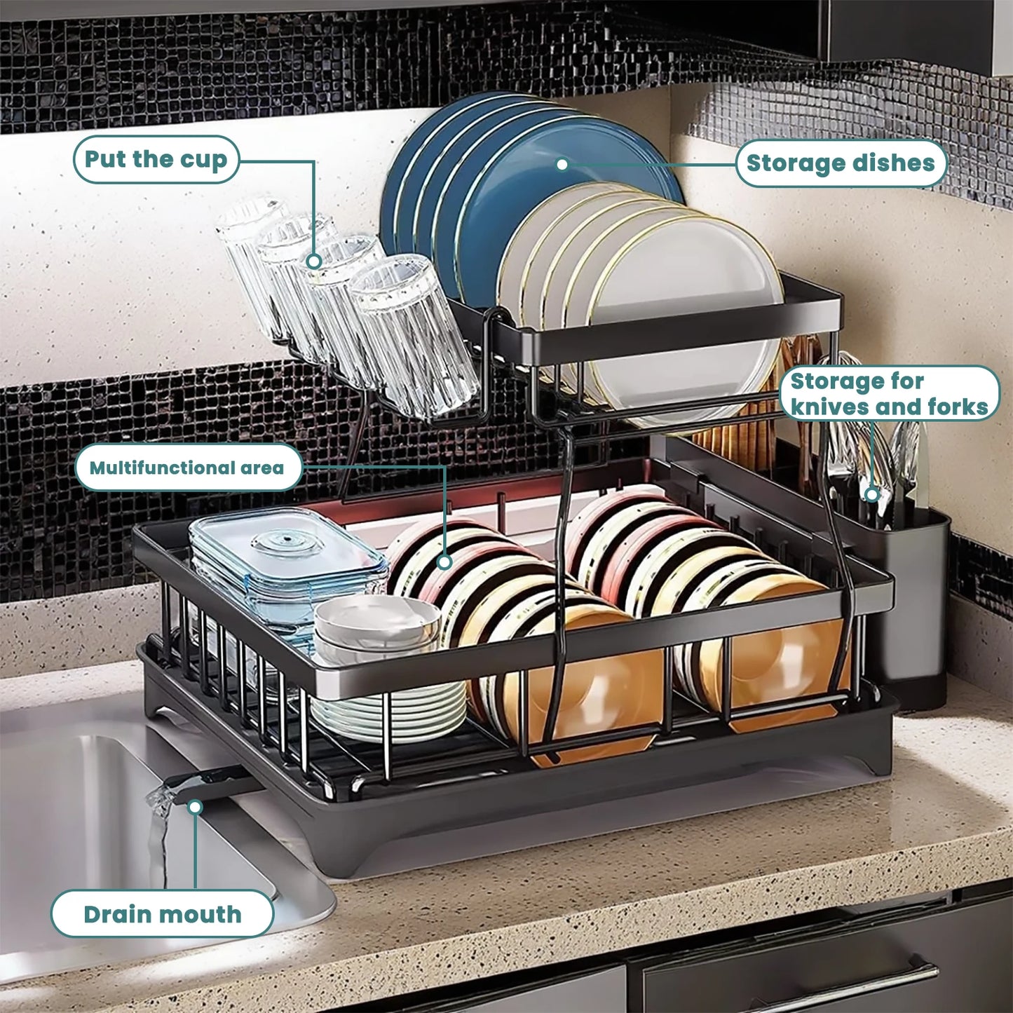 Large 2 Tier Dish Drying Rack For Countertops Removable Metal